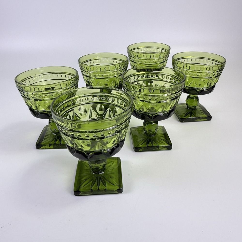 6 MCM Park Lane Avocado Green‎ Barware Glasses Vintage Indiana Embossed Stemware